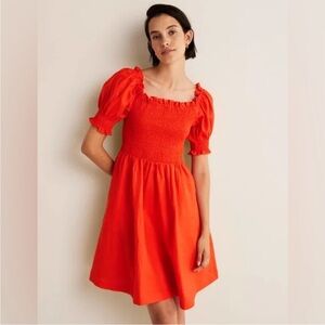 Boden Coral A-Line Puff Sleeve and Smocked Linen Sundress